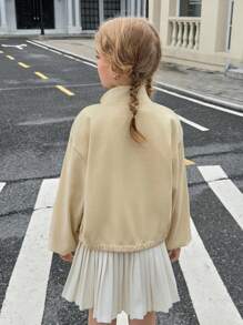 SHEIN Girl's Casual Solid Color Minimalist Daily Long Sleeve Zip Up Jacket, With Elastic Cuff And Hem, Suitable For Work Commute, Spring/Autumn - Khaki - View 2