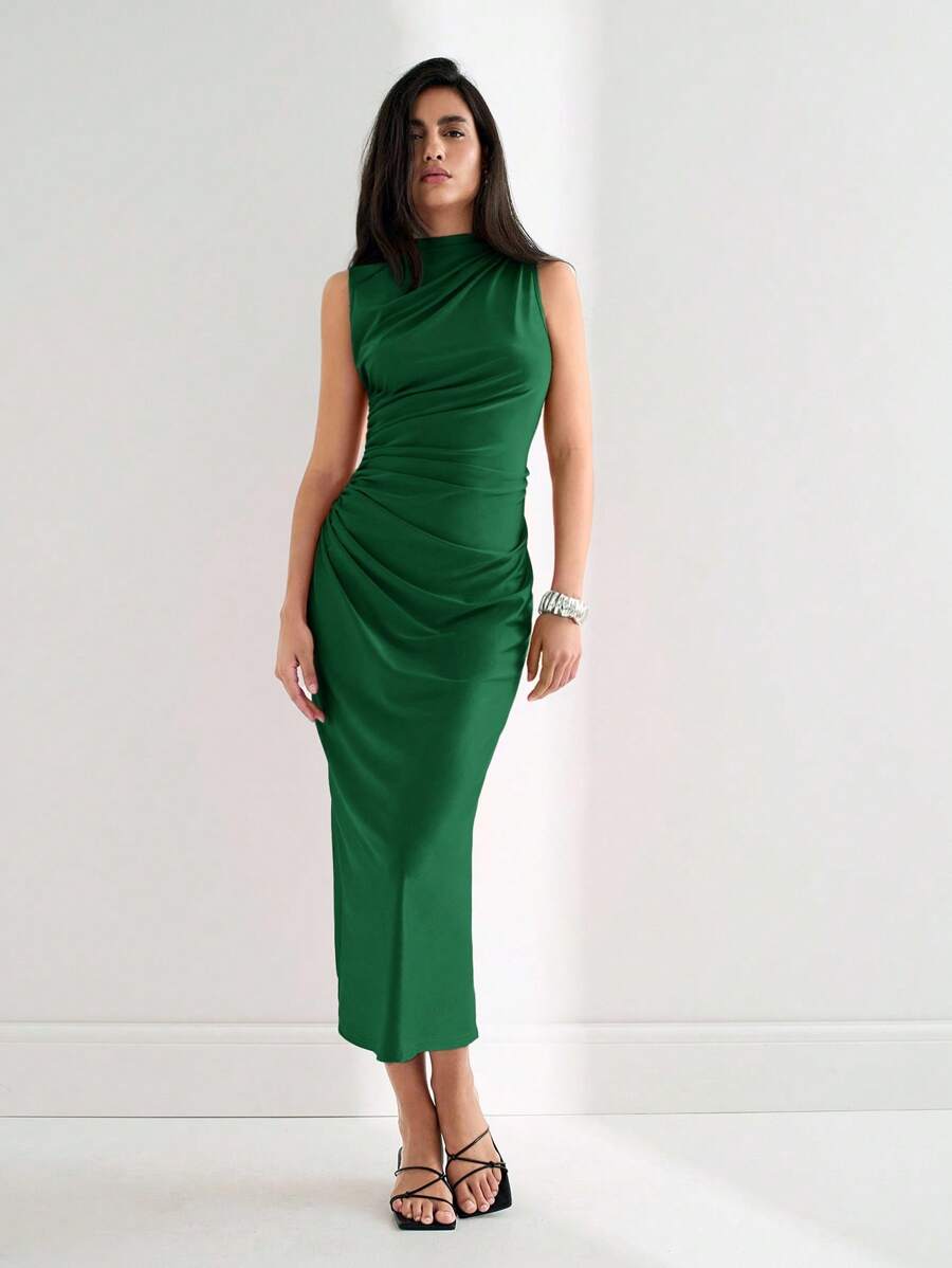Maija Đầm ôm body thiết kế bất đối xứng xếp ly màu trơn dành cho nữ, Đầm dự tiệc cocktail sinh nhật phong cách tối giản, thanh lịch, phong cách cổ điển - Màu xanh lá cây đậm - Xem 1