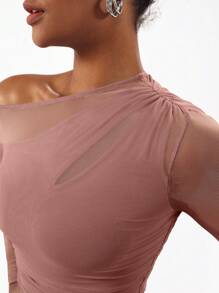 Cheerfulab Body asimétrico con abertura y hombros descubiertos, de tela de malla transparente, para mujeres, ideal para vacaciones, primavera y verano, playa - Rosa - Ver 6