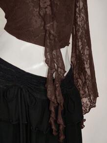 SHEIN ICON Women's Off The Shoulder Hippie Boho Elegant Ruffled Ruffle Long Sleeve Lace Blouse Western Wear Women Brown Lace Crop Top,Y2k Tops