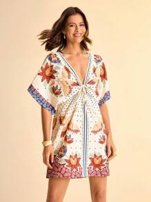 CAJUNI Đầm ngắn đi nghỉ Boho họa tiết hoa nhiệt đới, cây cối và chim cổ chữ V có thể điều chỉnh eo thắt chặt dành cho nữ - Nhiều màu - Xem 1