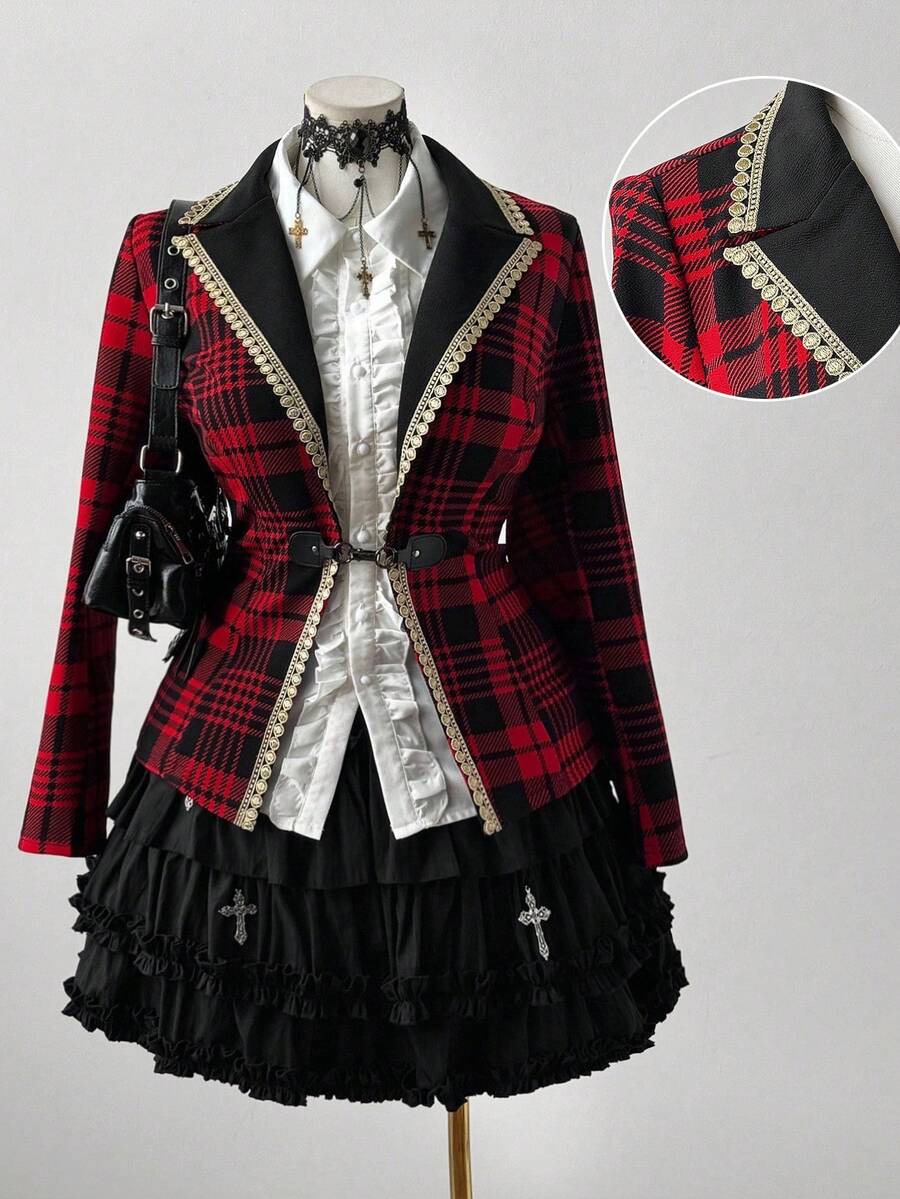 Sunspun Plus Size Women's Vintage Lapel Floral Lace Patch Plaid Splice Elegant Blazer For Party, Date Fall Cloth For Women Autumn - Red - View 1