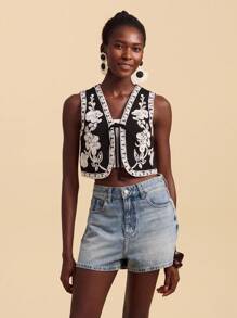 Travachic 女式梭织无袖修身花卉印花背心夹克，非常适合度假、秋季女士、秋季、复活节、假日、女士海滩、女士度假、音乐会女士、波西米亚风、波西米亚风、音乐节、热带度假女士、浪漫、秋季、冬季、圣诞节、女士外出上衣、外出上衣、休闲、可爱 - 黑色 - 查看 3