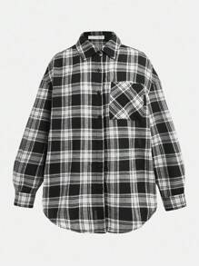 SHEIN Girlism 3 件套青少年女孩格子长袖衬衫、黑色短款背心和骑行短裤休闲校园风服装 - 黑與白 - 查看 13