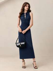 BizChic Navy Blue Women's Dress With Metal Decor Button, Asymmetrical Cut-Out Design, Elegant & Romantic For Casual, Commute, Simple & Fashionable Basic Business Casual Wear, Office Attire, Formal Occasion