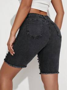 SHEIN ICON Shorts di jeans casual skinny con tasche e effetto logoro da donna - Grigio - Visualizzare 2