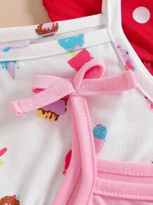 3pcs/Set Baby Girl Sweet Ice Cream Embroidered Strap Dress Set, Summer - Multicolor - View 7