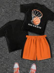 SHEIN Bolty Tween Boy Basketball & Slogan Graphic Tee & Shorts