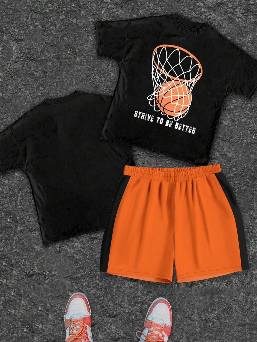 SHEIN Bolty Tween Boy Basketball & Slogan Graphic Tee & Shorts