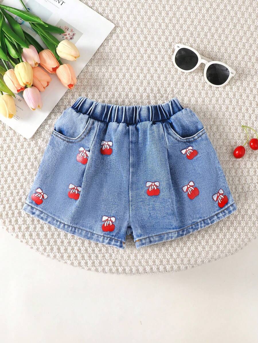 1pc Young Girl' Casual Cute School Style Washing Blue Peach Blossom Print Shorts - Blue - View 1