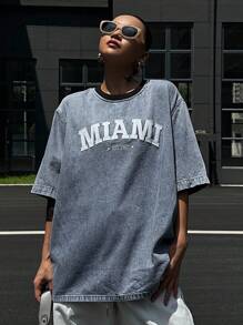 Livesso 女式夏季圆领短袖刺绣字母牛仔上衣 - 藍色 - 查看 8