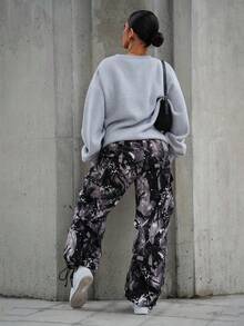 SAYEHFBABY Women's Cargo Streetwear Tree Branch Pattern With Pockets Pants - Black and White - View 2