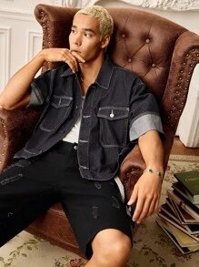 SWAVVY Áo sơ mi denim phong cách công sở thường ngày cho nam - Màu xanh lam - Xem 5