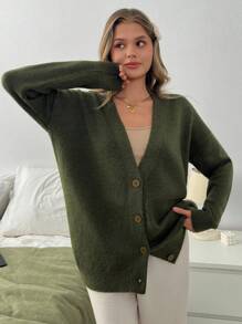 EURMUSE 经典V领罗纹下摆针织开衫，配木质纽扣，采用柔软的驼色纱线 - 米色 - 查看 5