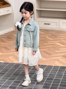 SHEIN Young Girl Long-Sleeved Single Breasted Denim Jacket,Fall Wear Casual And Comfortable To Wear,Winter Jacket - Light Wash - View 5