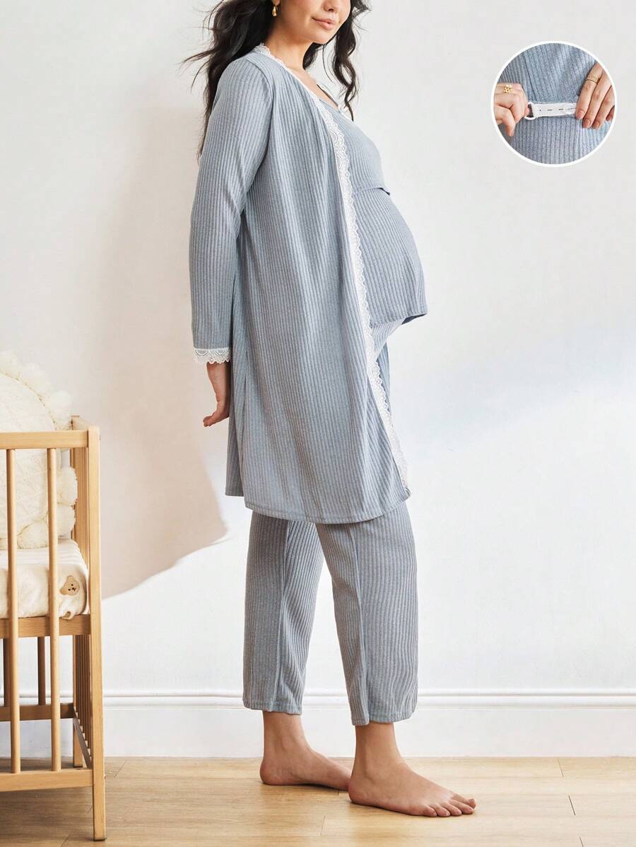 BloomMama 3件套孕妇睡衣套装：蕾丝边长袖睡袍+哺乳吊带背心+长裤，秋冬服装 - 藍色 - 查看 1