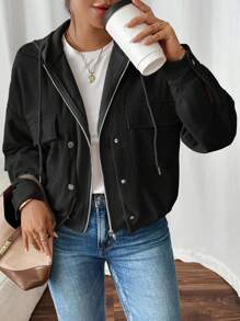SHEIN Frenchy Áo khoác nỉ nhung chắp vá 2 trong 1 dành cho nữ mùa thu/đông - màu đen - Xem 1