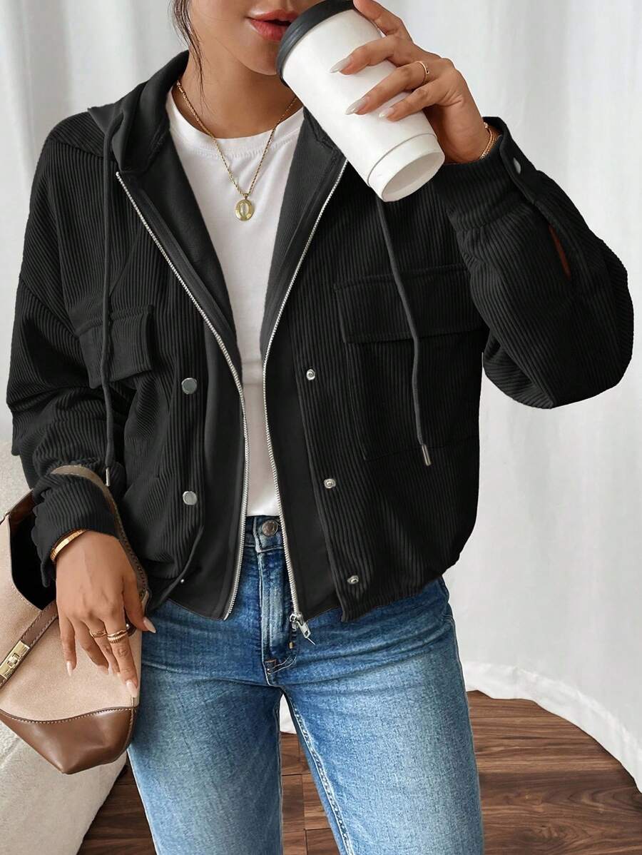 SHEIN Frenchy Áo khoác nỉ nhung chắp vá 2 trong 1 dành cho nữ mùa thu/đông - màu đen - Xem 1