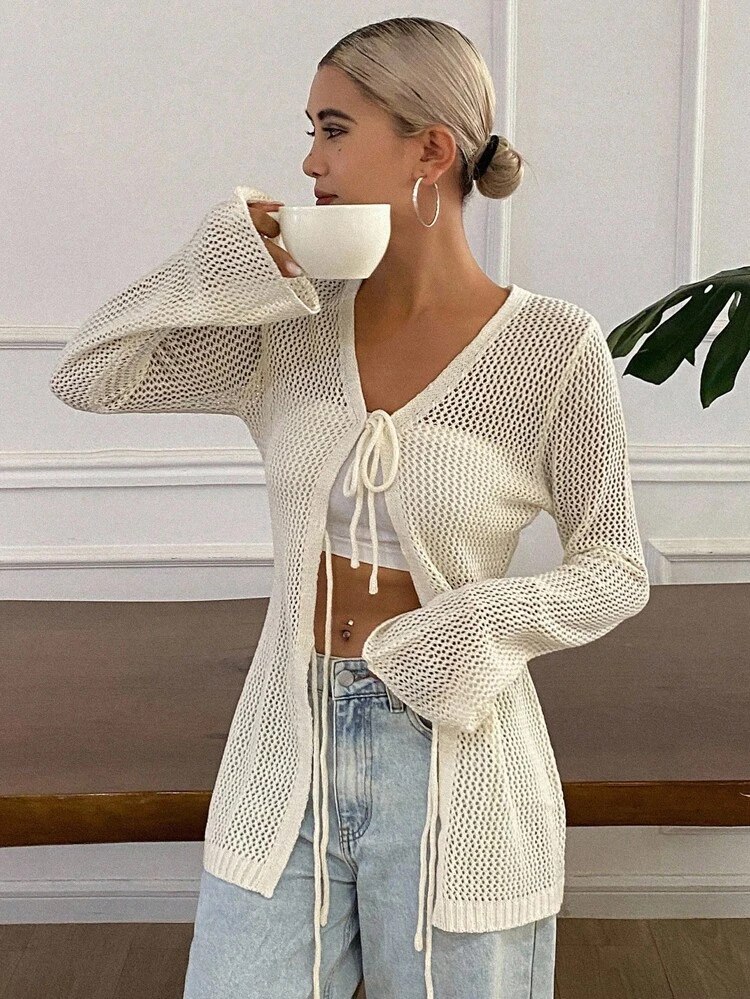 Women's Solid Color V-Neck Tie Hollow Out Fitted Flare Sleeve Long Sleeve Casual Vacation Autumn Knit Cardigan