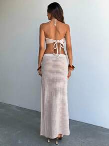 Aloruh Ensemble Top de style licou et jupe fendue à fleurs au crochet de couleur unie pour femme, parfait pour les vacances d'été