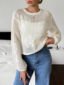 SHEIN Frenchy 女士宽松镂空圆领长袖休闲毛衣 - 杏色 - 查看 7