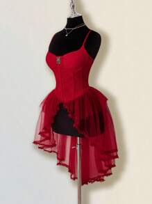 SHEIN ICON Áo hai dây Jacquard dành cho nữ, kiểu dáng gợi cảm, phù hợp cho các bữa tiệc và tụ họp, áo corset đỏ, áo voan đỏ, áo corset vạt trước ngắn vạt sau, trang phục dự tiệc mùa thu cho nữ, trang phục dự đám cưới, khách mời. - Đỏ - Xem 3