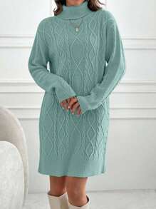 EURMUSE Knitwear Dress With Folded Neck And Cable Pattern,Winter Dresses For Women,Petite - Mint Green - View 3