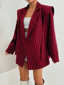 SHEIN Cottnline Women's Navy Striped Casual Blazer Jacket - Burgundy - View 6