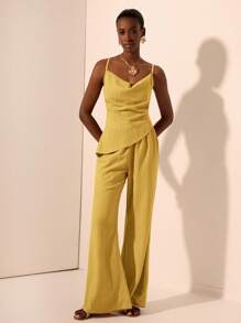 Zivah 2025新款夏季休闲优雅度假日常约会通勤生日派对沙滩度假性感摆领吊带斜下摆交叉后背上衣+喇叭阔腿裤超长裤卡其色棕色梭织面料女两件套-B