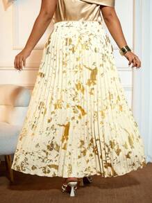 Cravure Plus Size Women's Elegant Pleated Flare Metallic Skirt - Champagne - View 2