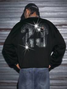 AXEPEAK 男士数字图案圆领插肩长袖休闲套头衫，适合秋冬 - 黑色 - 查看 1