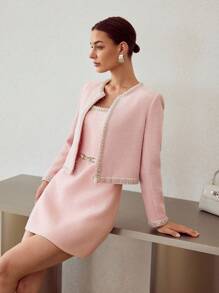 MOTF PREMIUM TWEED FAUX PEARL BEADED SQUARE NECK DRESS WITHOUT BELT