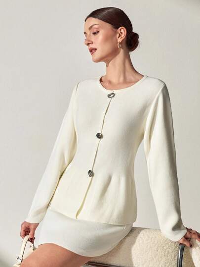 CLARA VERO Women's Elegant Style Peplum Shape Silver Button Detai Fitted Waist Long Sleeve Cardigan And Mini Skirt Co-Ords Chic Winter 2pcs Two Pieces,Autumn,Loungewear Set,Petite