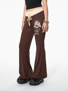 SHEIN Unity Women's Contrast Color Patchwork Print Punk Wide Leg Pants Fall Cloth For Women - Coffee Brown - View 4