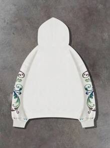 ROMWE MEN Street Life Áo nỉ trùm đầu đính đá in chữ và hoa cho nam - trắng - Xem 3