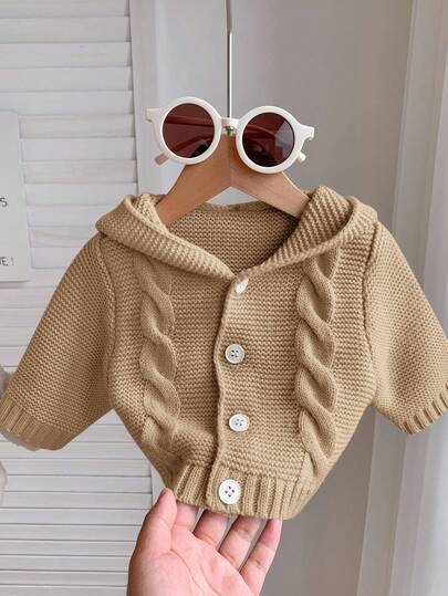SHEIN 婴幼儿休闲耳饰纹理复古高领长袖开衫毛衣，杏色，适合新生男婴女婴，适合居家和户外，秋冬季
