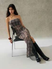 LYSMO 2025 Nouvelle arrivée Minimalisme Automne Femmes Créateur Robe longue fendue à carreaux sans bretelles Retour à l'école, Bal de promo, Style années 2000, Vêtements Femmes Y2K, Vêtements de rue femme et vêtements uniques - Multicolore - Voir 7