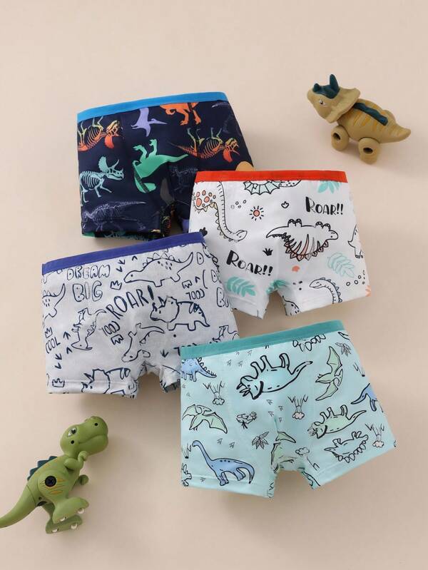 4pcs Set Young Boy Dinosaur Printed Boxer Briefs