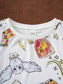 HARRY POTTER X SHEIN Camiseta de manga corta blanca informal y versátil con estampado de búho para niñas preadolescentes en verano