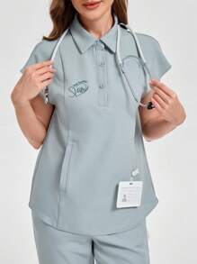 Scrubzie Embroidered Design Scrub Top And Pants, /Nursing Scrub Uniform Set - Green - View 7