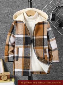 小男孩格子单排扣休闲连帽夹克 - 棕色 - 查看 1