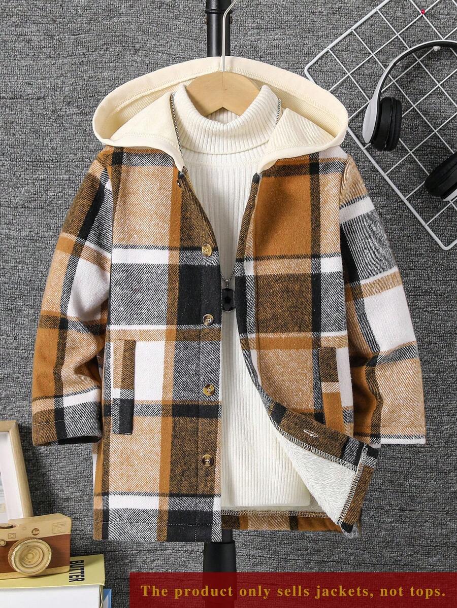 小男孩格子单排扣休闲连帽夹克 - 棕色 - 查看 1