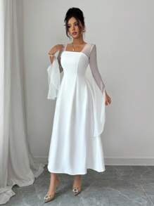 Rafferiza Elegant Summer Mesh & Sequin Splice White Dress White Dress With Sheer Sleeves - White - View 3
