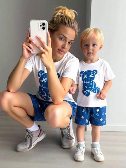 3pcs/Set Boys Kids Casual Everyday Versatile Comfortable Bear Graphic Print Round Neck Loose Fit Short Sleeve T-Shirt, Letter Print Shorts, Knit Hat 3 Pieces Outfit,Suitable For Commuting, School, Daily Casual, Travel, Sports, Spring/Summer/Fall/Winter