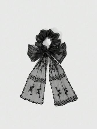 Goth Black Lace & Bow Ribbon Hair Scrunchie, Suitable For Everyday Wear