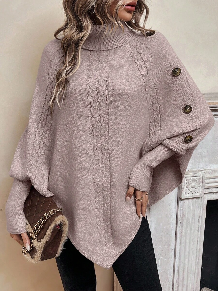 EMERY ROSE Suéter holgado de punto con cuello alto, mangas de murciélago, diseño de botones, informal para mujer, otoño e invierno - Rosa vieja - Ver 1