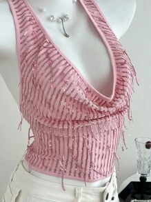 SHEIN Unity 女式性感亮片流苏露背吊带背心，夏季 - 粉色 - 查看 5