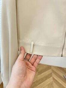 SHEIN Teen Girls' Casual Apricot Pocket Zip Up Collar Biker Jacket, Fashion Outerwear Autumn Winter Clothes FoGirlen - Apricot - View 6