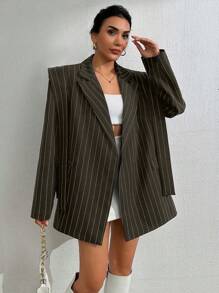 EURMUSE Women's Navy Striped Casual Blazer Jacket - Army Green - View 5