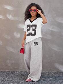 Coolane Kids 青少年女孩 2 件套休闲运动女孩风格数字图案 V 领短袖上衣和阔腿裤套装秋季返校 Y2K 街头服饰垃圾摇滚 - 灰色 - 查看 4